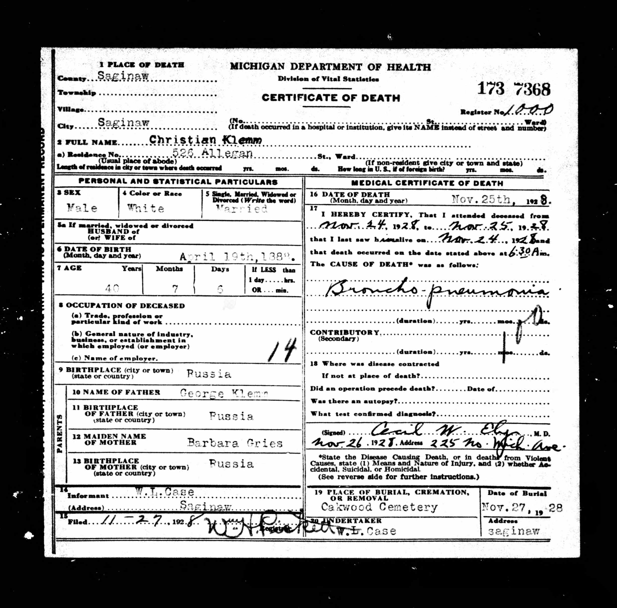 Michigan, Death Records, 1867-1950 - Christian Klemm