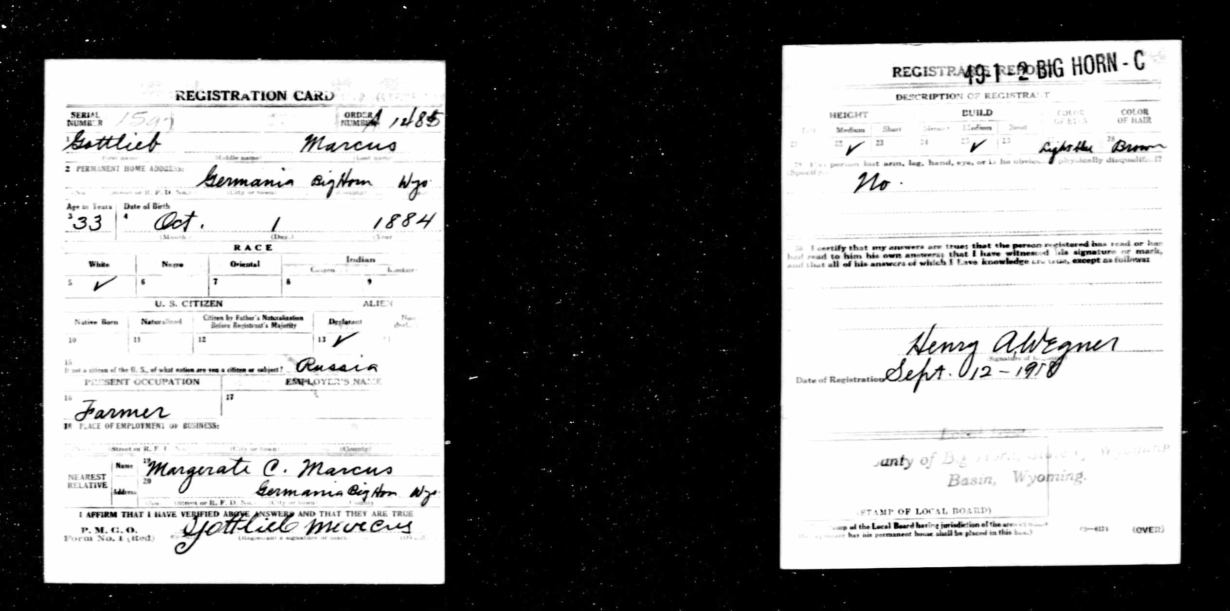Gottlieb Marcus - World War I Draft Registration Cards, 1917-1918